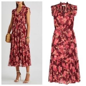 Zimmermann || Concert Flutter Floral-Print Silk Midi Dress Burgundy Peonies 1